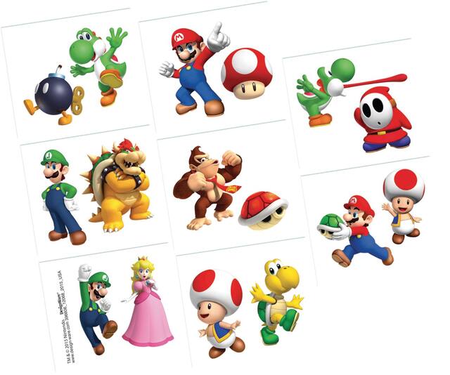 Nintendo Super Mario Bros Mario/Luigi/Donkey Kong Assorted Temporary Tattoos, Multi-Coloured, 8-pk, Wearable Favours  for Birthdays Overhead_Flat