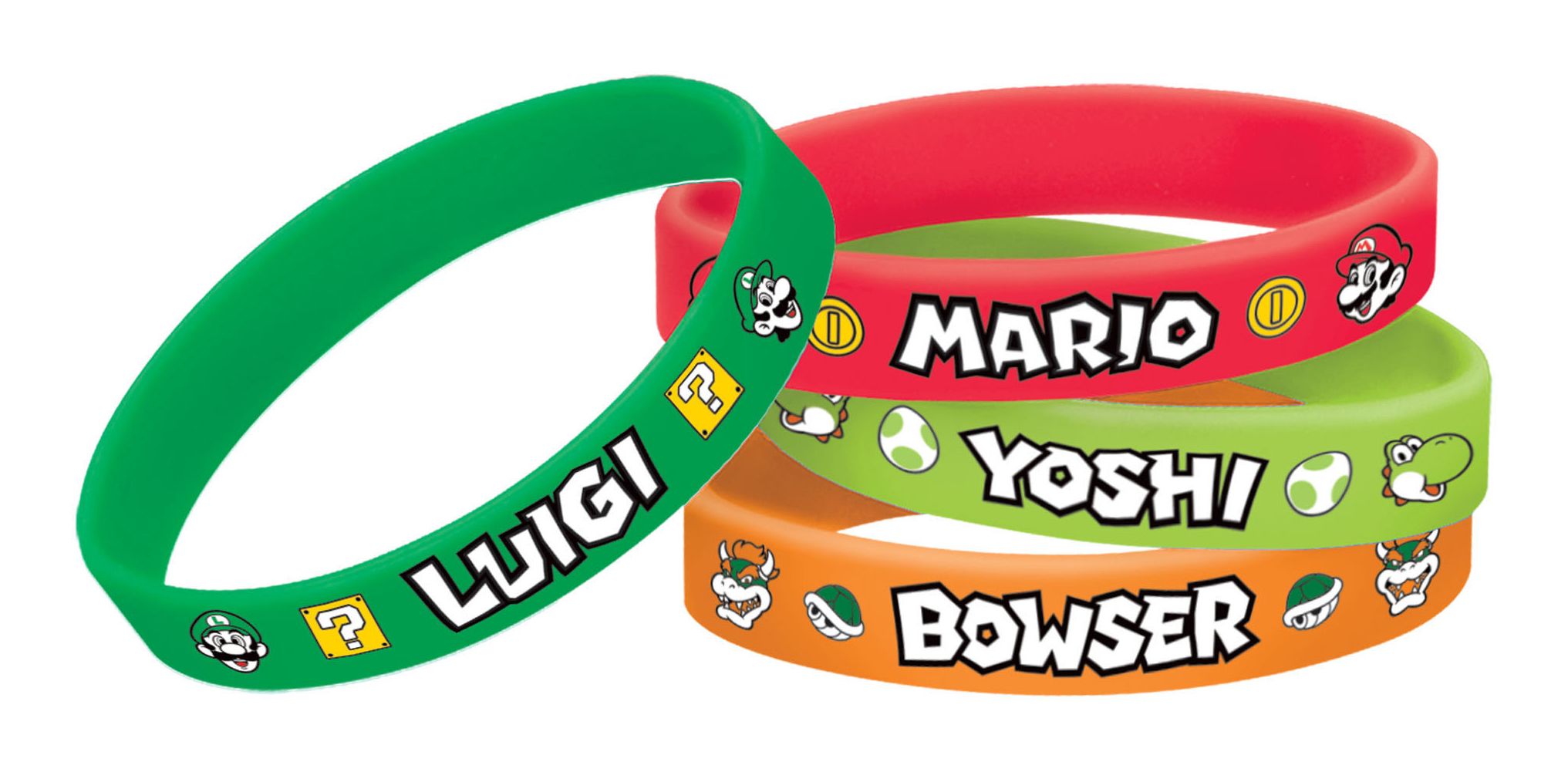 Nintendo Super Mario Bros Luigi/Mario/Yoshi/Bowser Rubber Bracelete Wristbands, Red/Green/Orange, One Size, 4-pk, Wearable Favours  for Birthday Composite_or_Mixed