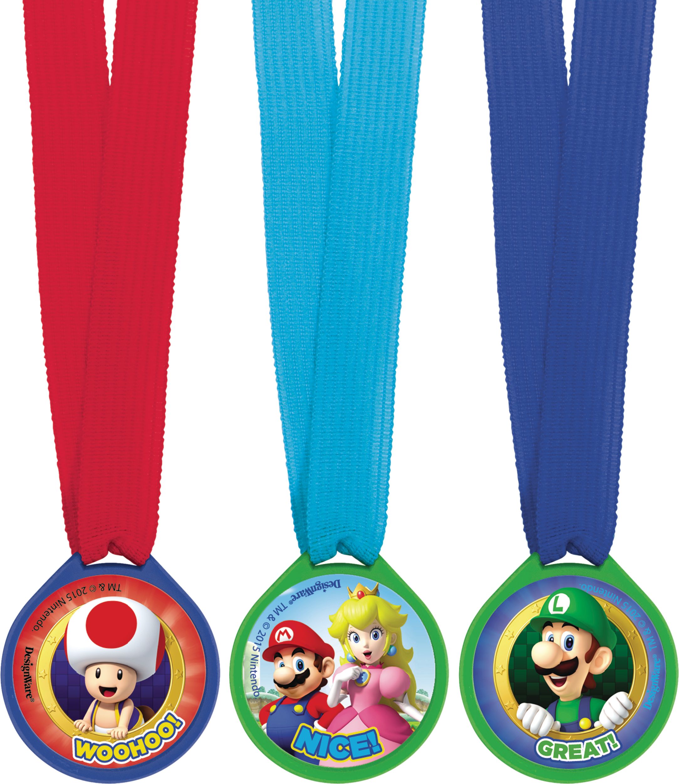 Super Mario Birthday Party Award Medals, Blue/Red/Yellow/Green, 12-pk Overhead_Flat