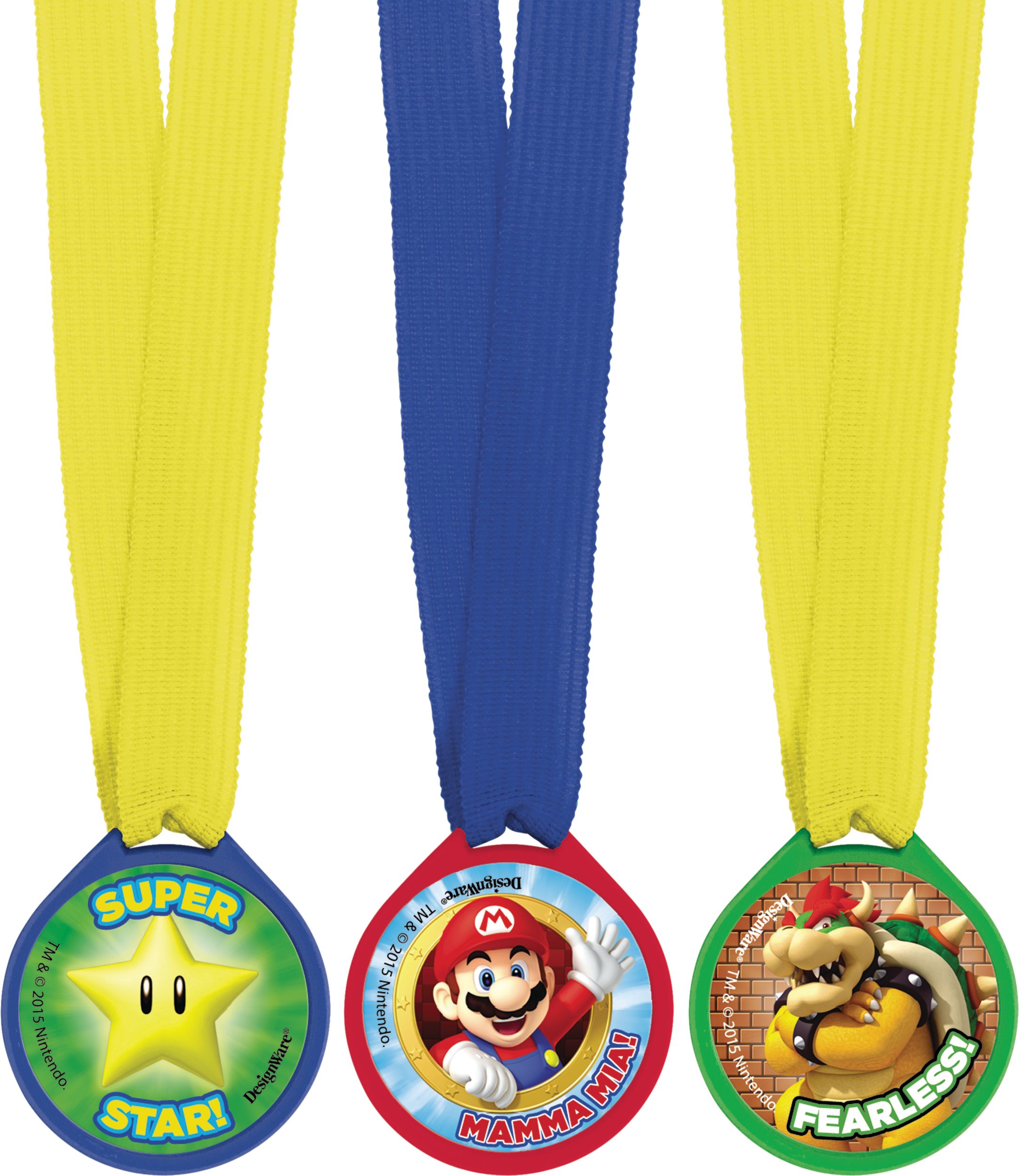 Super Mario Birthday Party Award Medals, Blue/Red/Yellow/Green, 12-pk Overhead_Flat