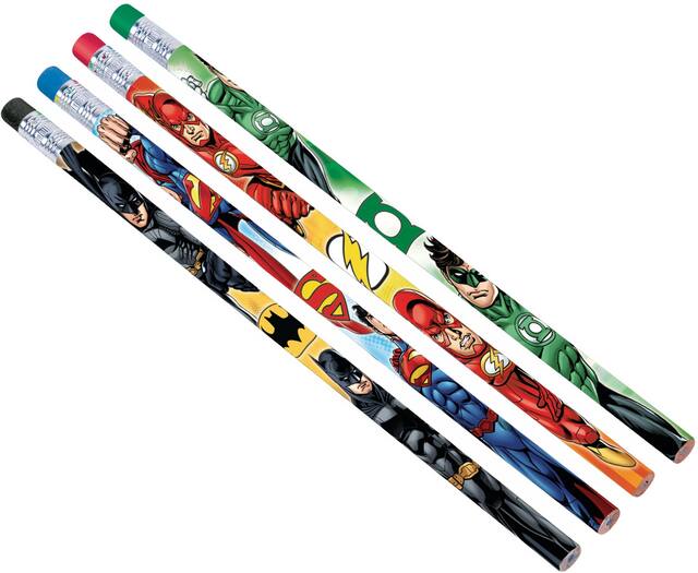 Crayons pour cadeaux-surprises pour fête d'anniversaire, La Ligue des Justiciers, paq. 12 Overhead_Flat