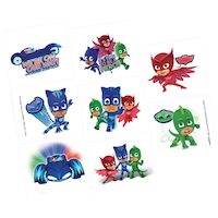 Pyjamasques C'est l'heure d'être un héros! Tatouages temporaires variés à l'effigie de Yoyo, Bibou ou Gluglu, rouge, vert et bleu, paquet de 8, cadeaux-surprises à offrir pour les anniversaires Front_Flat