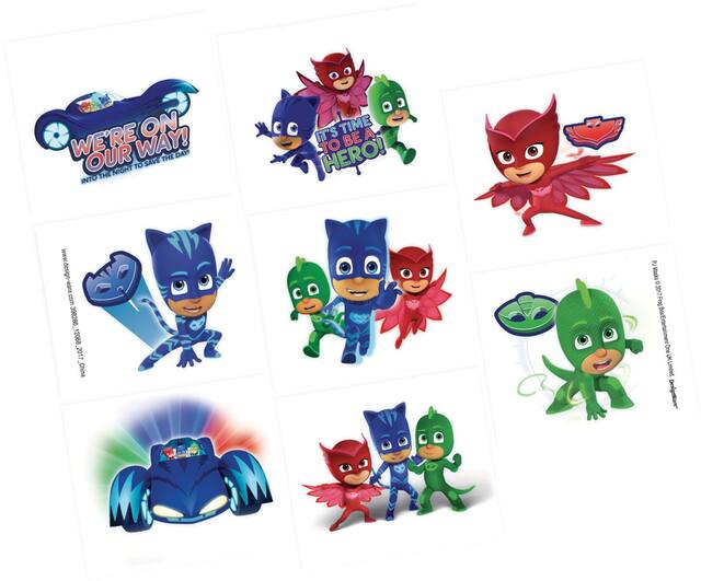 Pyjamasques C'est l'heure d'être un héros! Tatouages temporaires variés à l'effigie de Yoyo, Bibou ou Gluglu, rouge, vert et bleu, paquet de 8, cadeaux-surprises à offrir pour les anniversaires Front_Flat