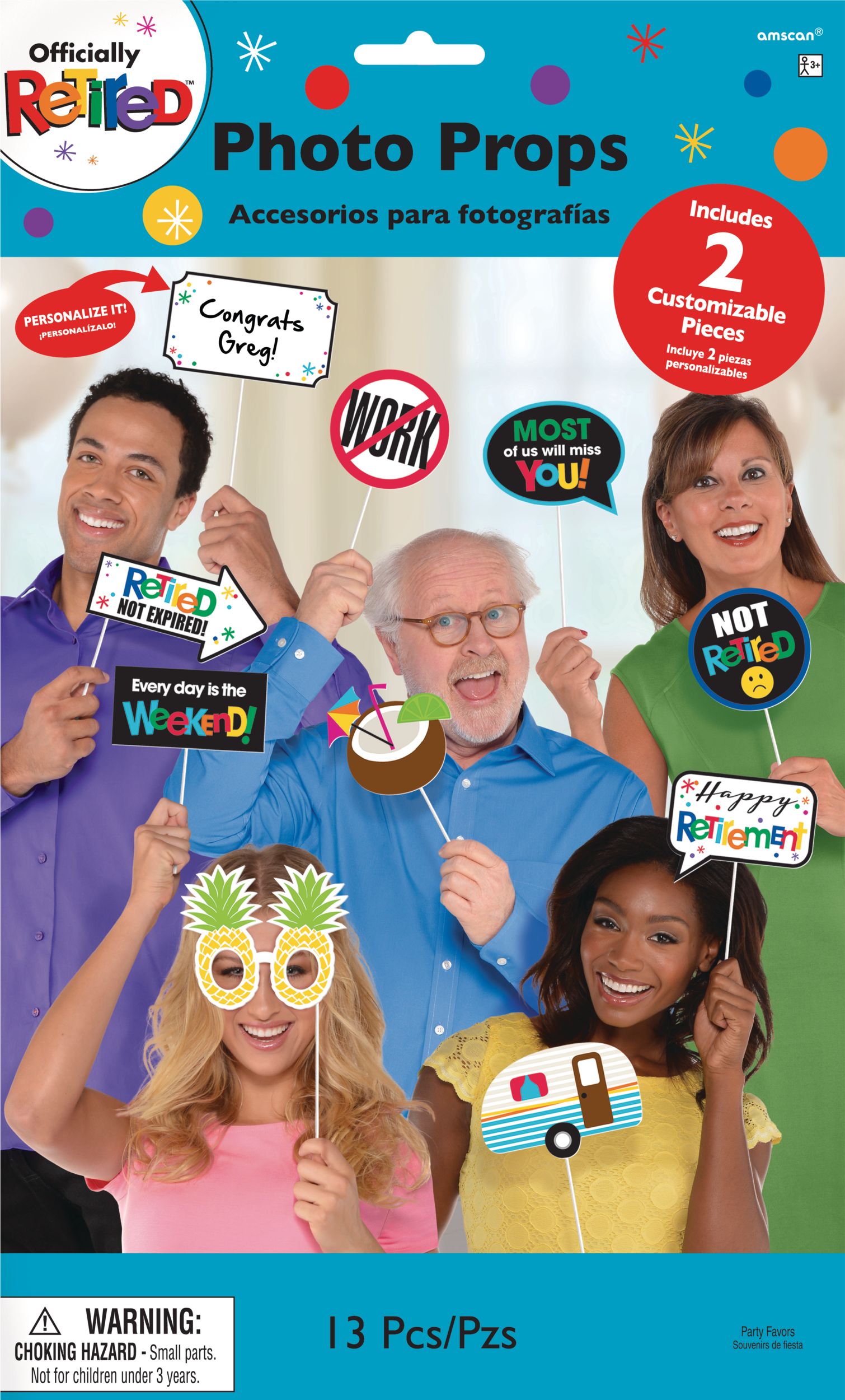"Happy Retirement" Photo Booth Sign Props, Multi-Coloured, 7-in, 13-pk, for Retirement Party Front_Flat