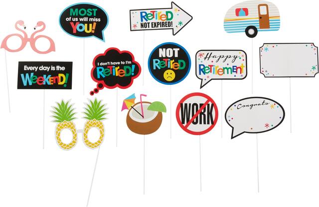 "Happy Retirement" Photo Booth Sign Props, Multi-Coloured, 7-in, 13-pk, for Retirement Party Front_Flat