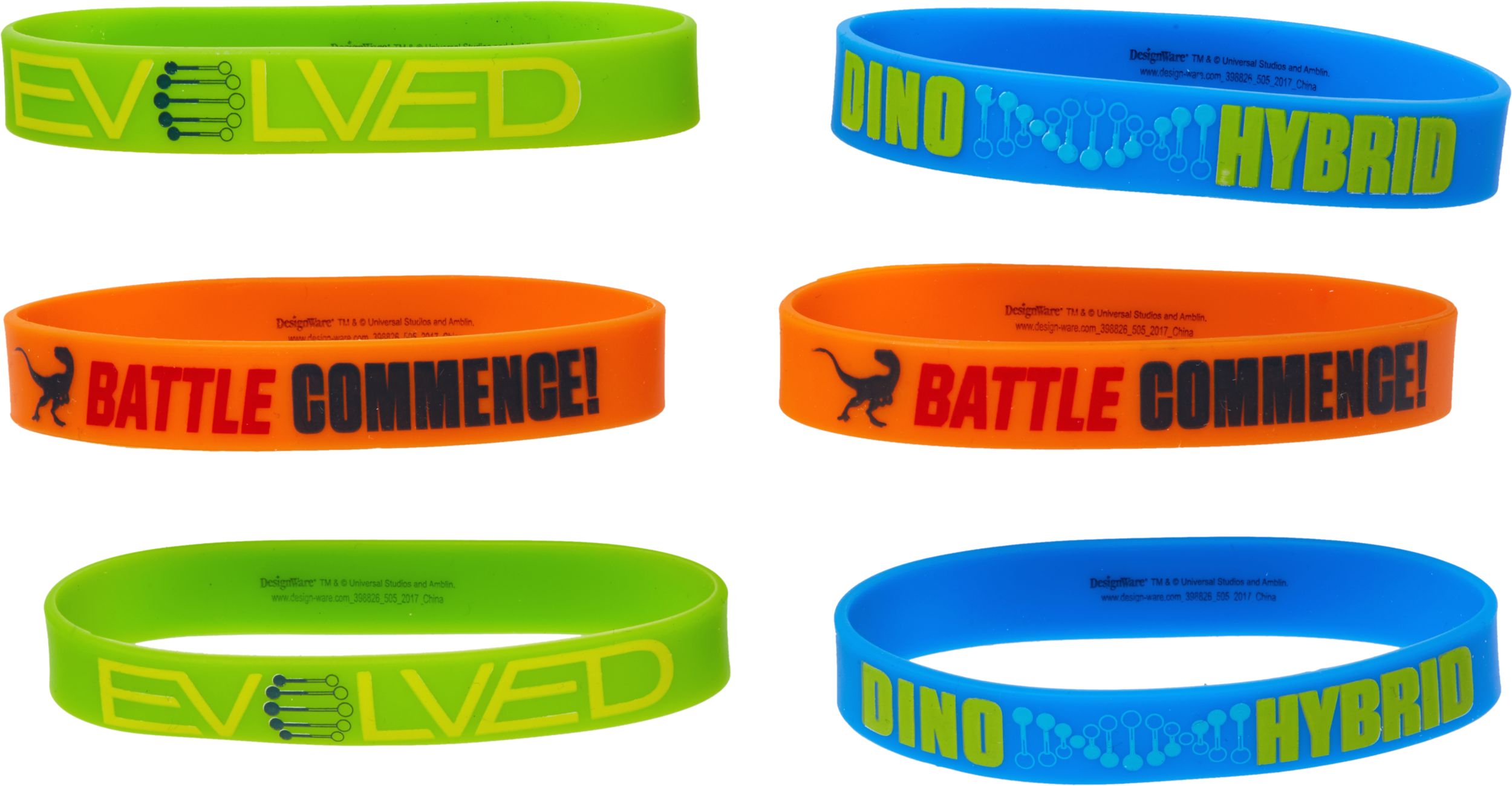 Bracelets avec mention Battle Commence! du Monde jurassique, bleu/orange/vert, taille unique, paq. 6, cadeaux-surprises à porter pour les anniversaires Front_Elevated