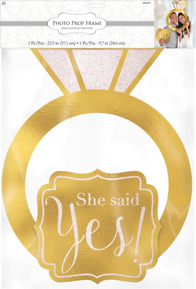 "She Said Yes" Diamond Ring Photo Booth Frame Kit Decoration, Gold, 22.5-in, 2-pk, for Engagement Party/Bachelorette Front_Flat