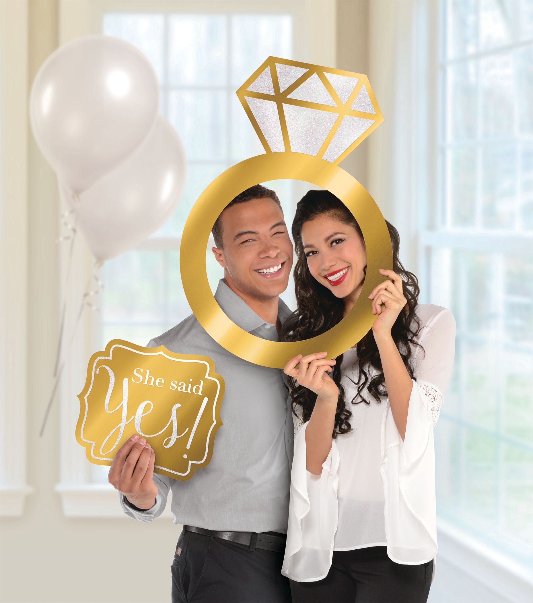"She Said Yes" Diamond Ring Photo Booth Frame Kit Decoration, Gold, 22.5-in, 2-pk, for Engagement Party/Bachelorette Front_Flat