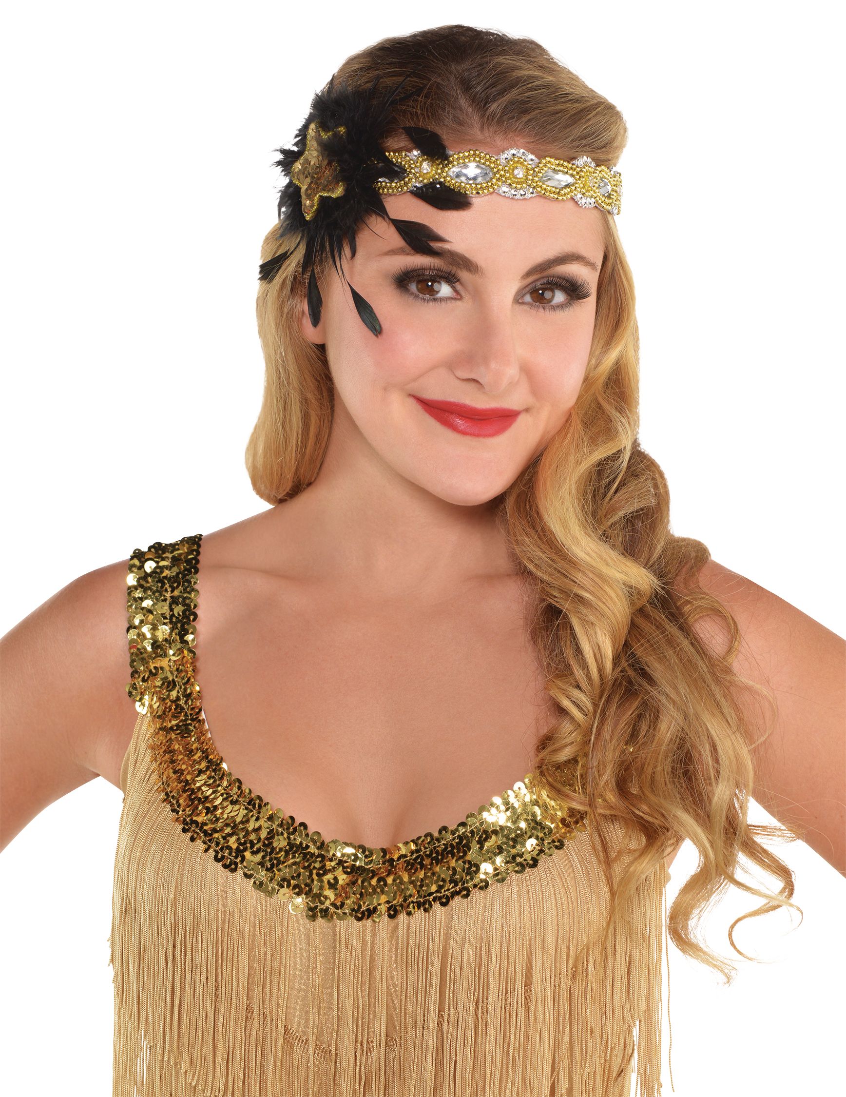 Bejeweled Gem & Feather Starlet Headband, Gold/Black, One Size, Wearable Costume Accessory for Halloween Front_Angled_Right