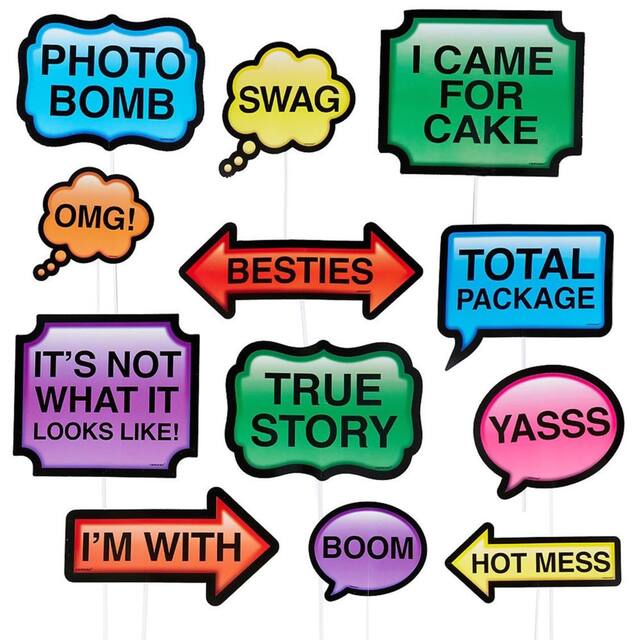 Trendy Phrases Photo Booth Props, 13-pc Front_Flat