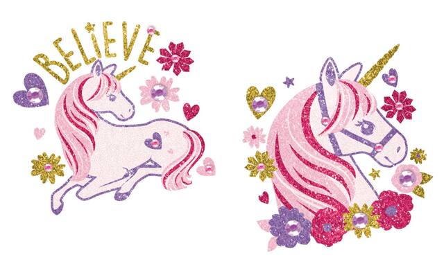 Bijoux de corps autocollants de licorne scintillante, rose, taille unique, paq. 2, cadeaux-surprises à porter pour anniversaire Overhead_Flat