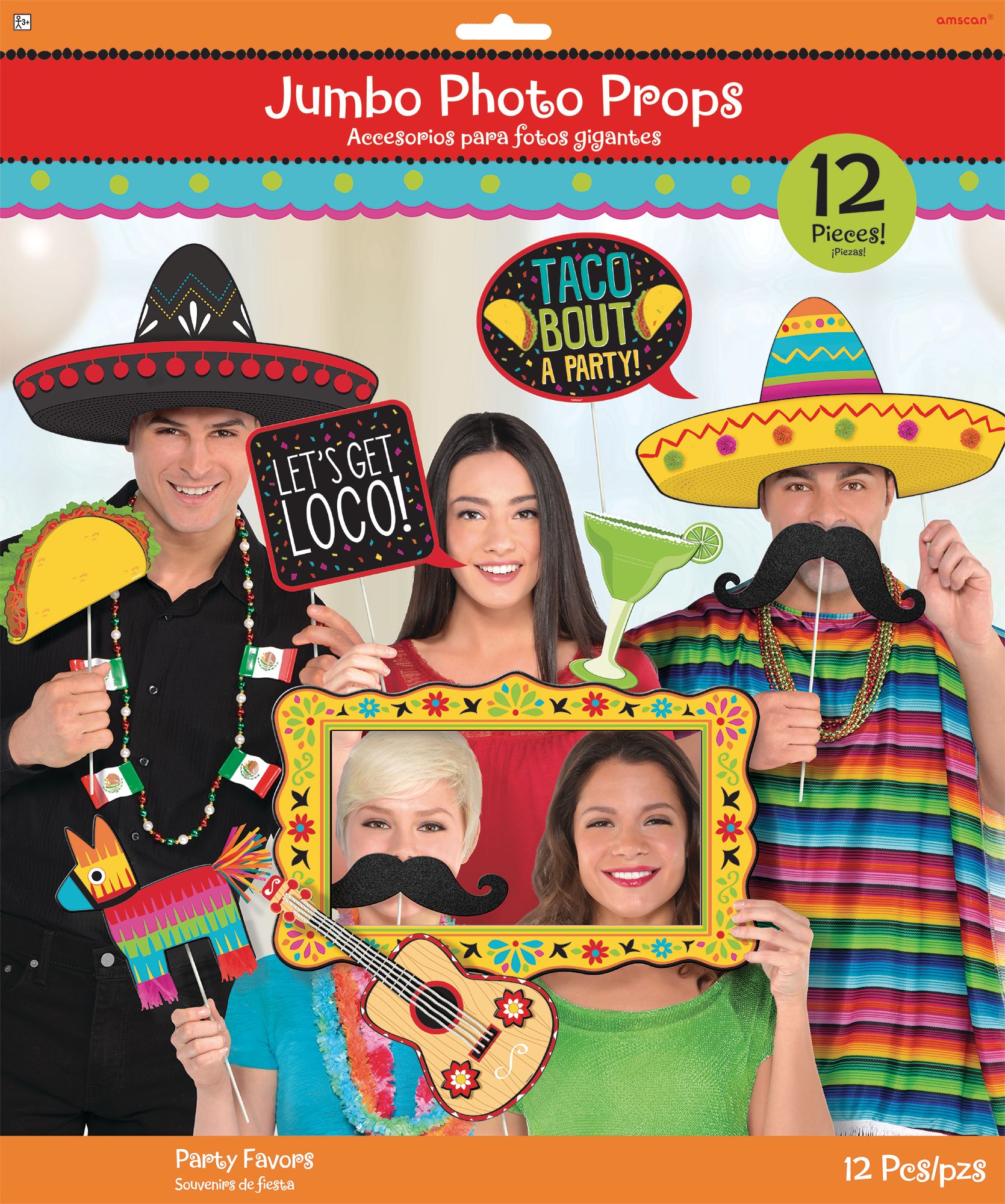 Fiesta "Let's Get Loco" Photo Booth Sign Props, Yellow/Red/Black, 22.5-in, 12-pk, for Cinco de Mayo/Fiesta/Summer Party Front_Flat