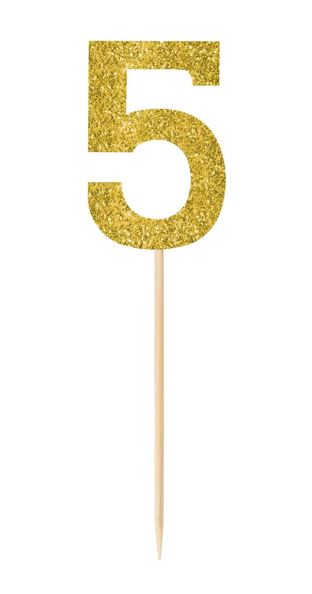Glitter Number 5 Pick Signs, Gold, 7.5-in, 4-pk, for Birthday/Anniversary Front_Flat
