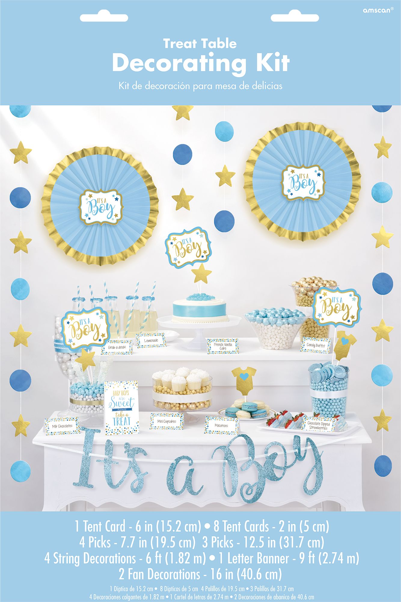 "It's a Boy" Treat Table Decorating Kit with Food Cards, Picks, Decorations & Banner, Blue/Gold, 16-in, 23-pk, for Gender Reveal/Baby Shower Front_Flat