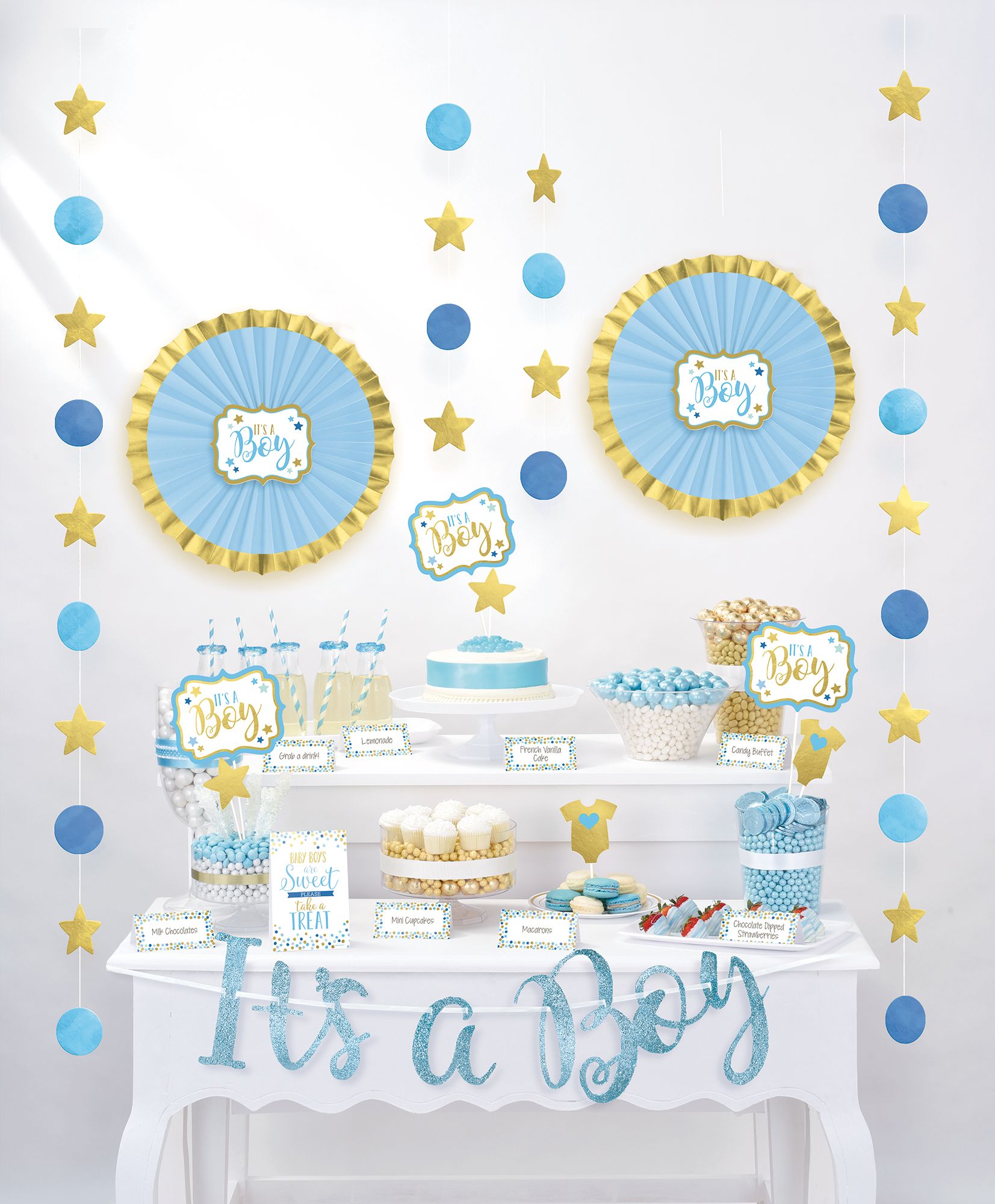 "It's a Boy" Treat Table Decorating Kit with Food Cards, Picks, Decorations & Banner, Blue/Gold, 16-in, 23-pk, for Gender Reveal/Baby Shower Front_Flat