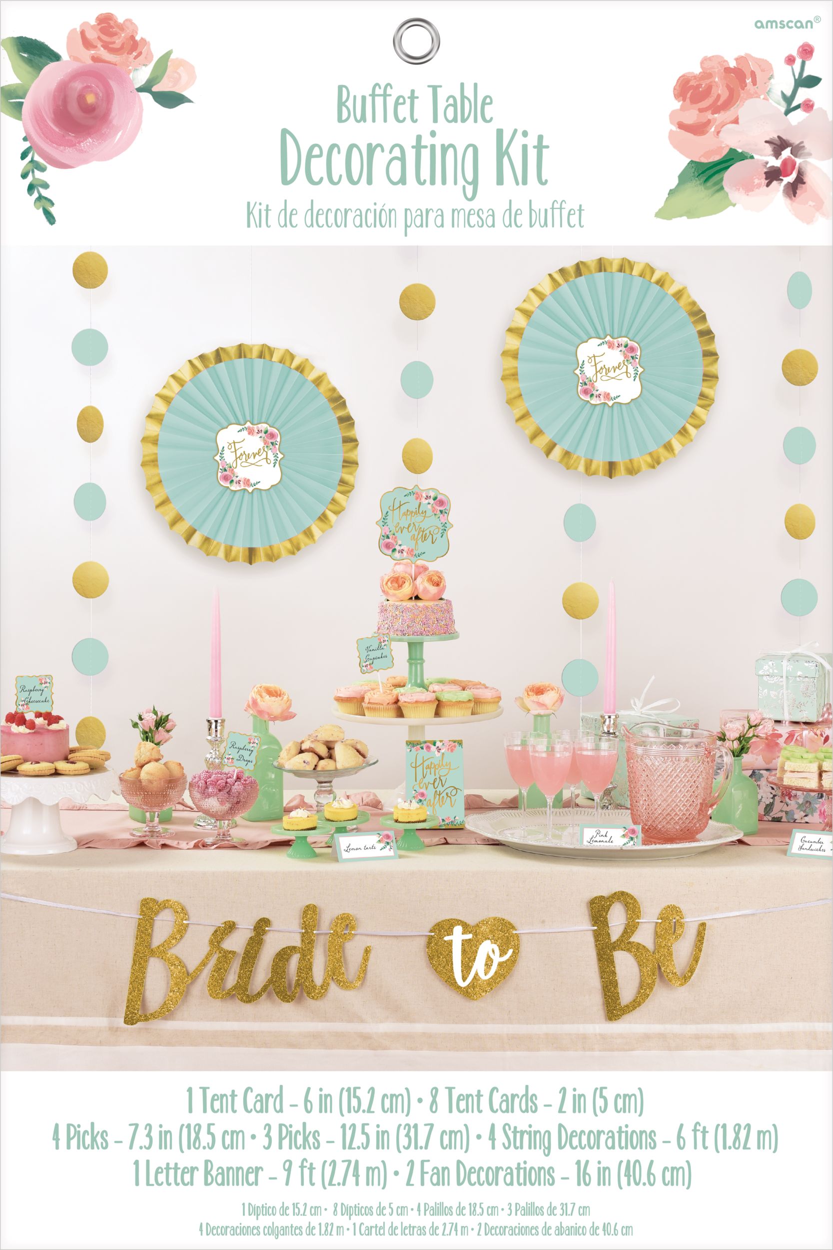 Mint to Be "Bride to Be" Buffet Table Decorating Kit with Food Cards, Picks, Decorations & Banner, Mint/Gold, 9-in, 23-pk, for Wedding/Bridal Shower Front_Flat