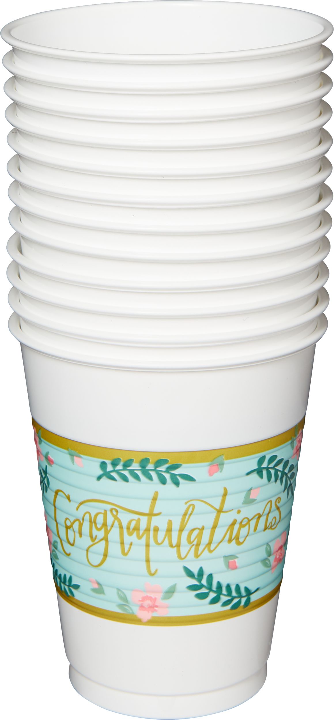 Mint to Be "Congratulations" Plastic Reusable Cups, White/Mint, Floral, 16-oz, 25-pk, for Wedding/Bachelorrette/Engagement/Bridal Shower Front_Elevated