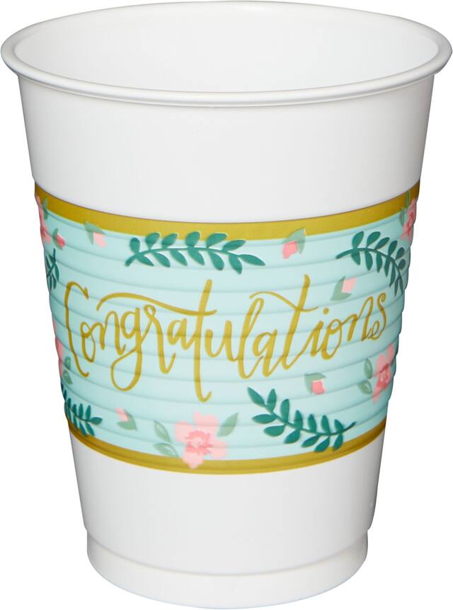 Mint to Be "Congratulations" Plastic Reusable Cups, White/Mint, Floral, 16-oz, 25-pk, for Wedding/Bachelorrette/Engagement/Bridal Shower Front_Elevated