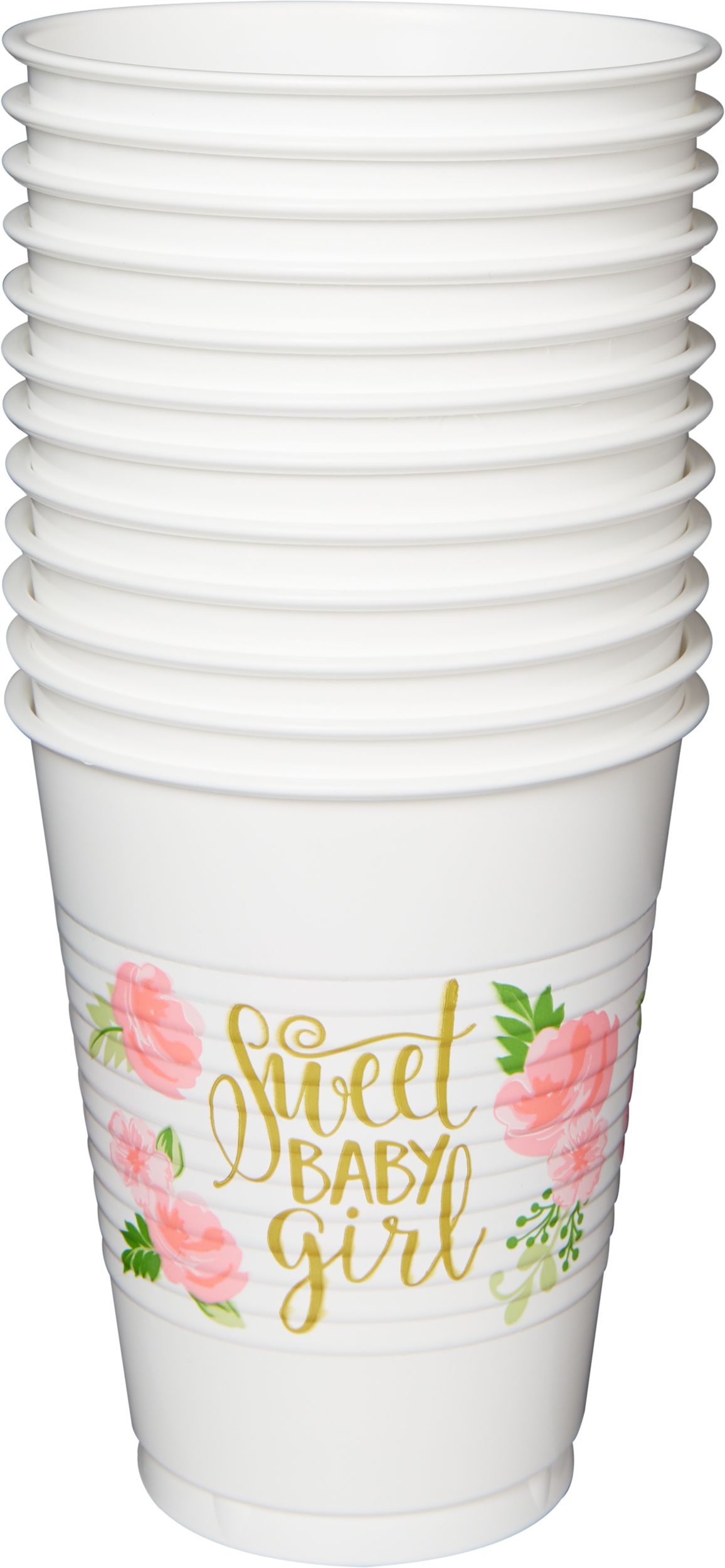 Floral Baby "Sweet Baby Girl" Plastic Reusable Cups, White/Pink/Green, Floral, 16-oz, 25-pk, for Gender Reveal/Baby Shower Front_Elevated