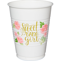 Floral Baby "Sweet Baby Girl" Plastic Reusable Cups, White/Pink/Green, Floral, 16-oz, 25-pk, for Gender Reveal/Baby Shower