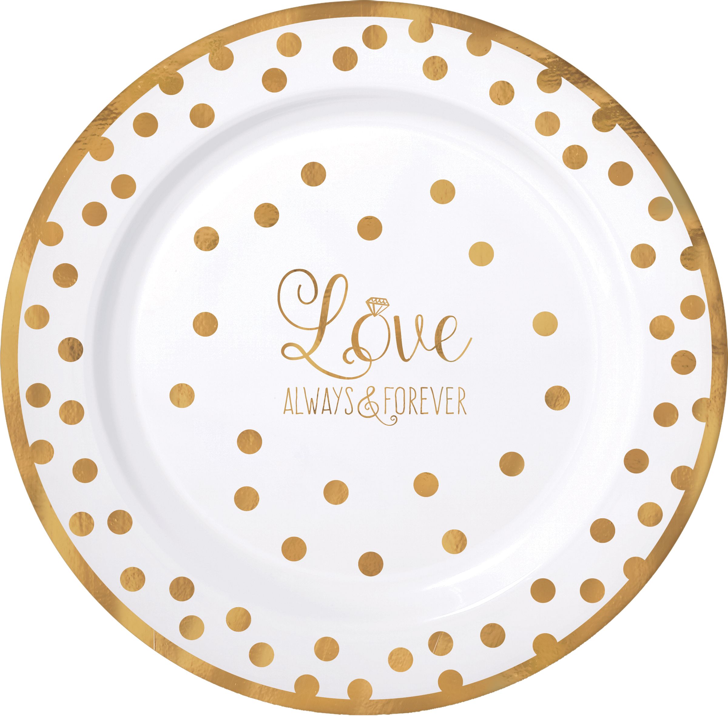 "Love Always & Forever" Round Bordered Trimmed Plastic Reusable Dinner Plates, Gold/White, Polka Dot, 10-in, 10-pk, for Engagement/Bridal Shower Overhead_Flat