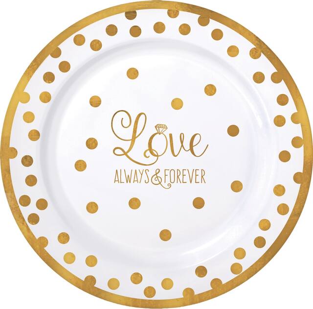 "Love Always & Forever" Round Plastic Reusable Lunch Plates, Gold/White, Polka Dot, 7-in, 20-pk, for Wedding/Engagement/Bridal Shower Overhead_Flat