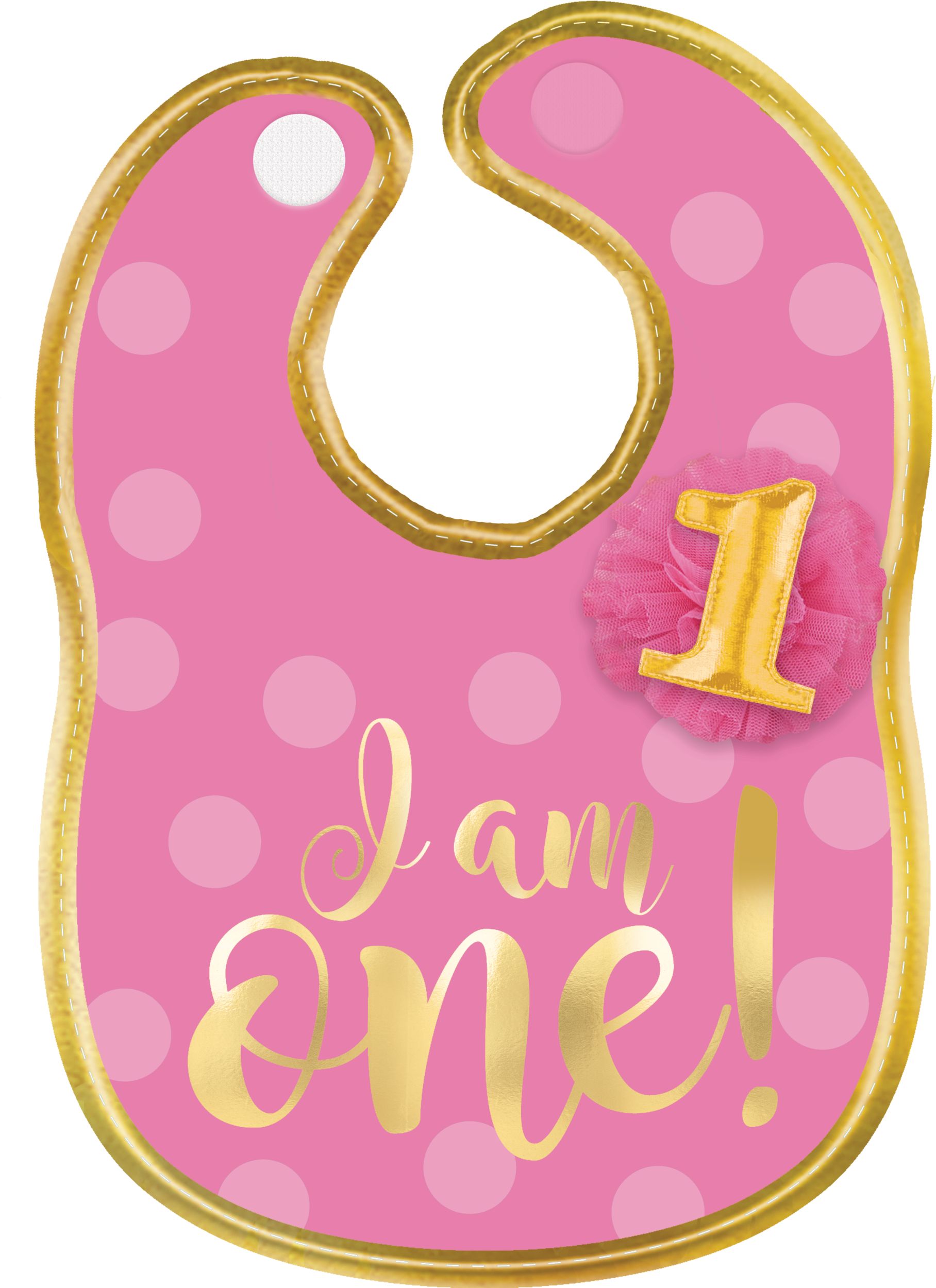1st Birthday "I am One" Bib, Pink/Gold Front_Flat