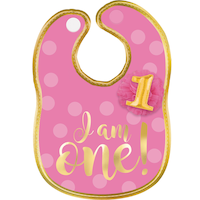 1st Birthday "I am One" Bib, Pink/Gold Front_Flat