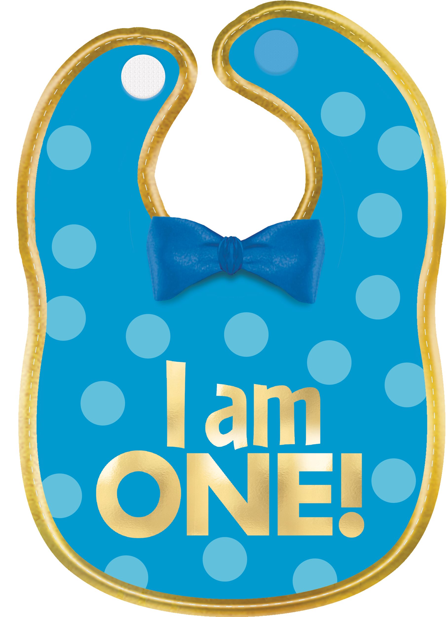 1st Birthday "I Am One!" Bib with Bow, Blue/Gold, One Size, Wearable Accessory for Birthdays Front_Flat