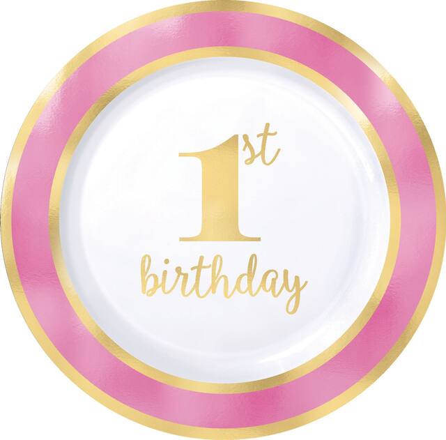 Assiettes à dîner en plastique de première qualité, fini lustré, 1er anniversaire, rose/or, 10,25 po, paq. 10 Overhead_Flat