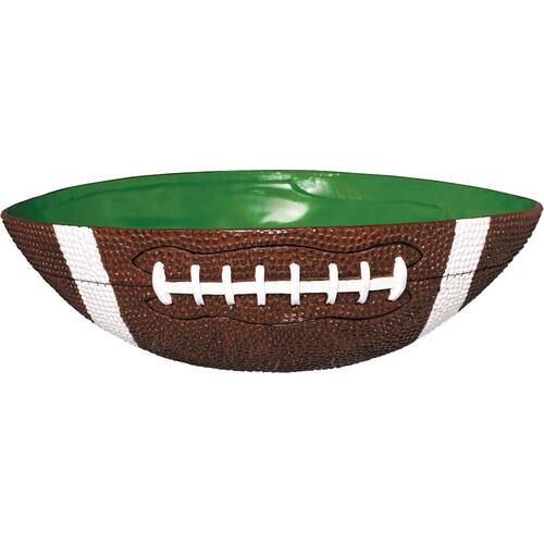 Football Round Plastic Reusable Serving Bowl, Brown/Green, 11-in, for Sports Party
