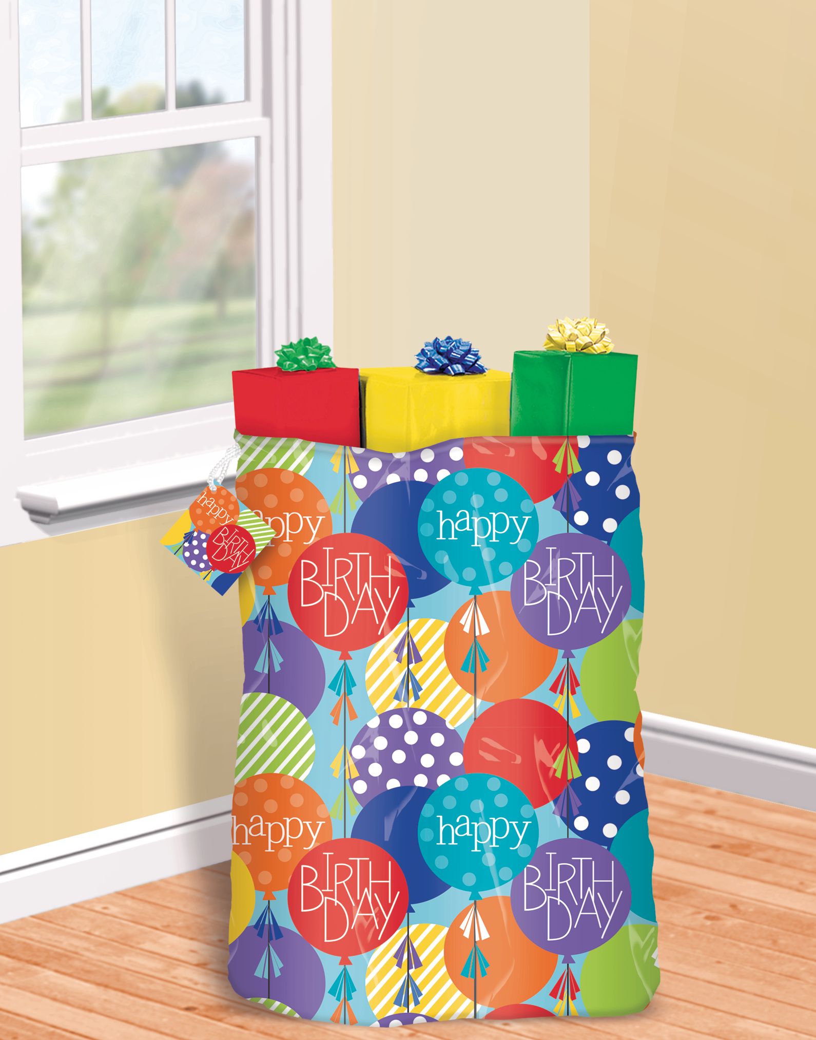 "Happy Birthday" Reusable Gift Sack Bag with Tag, Blue/Red, Balloons, 44-in, for Birthday Party Front_Angled_Right