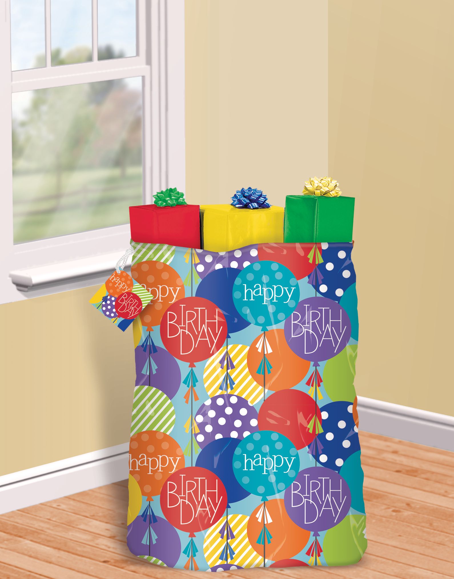 "Happy Birthday" Reusable Gift Sack Bag with Tag, Blue/Red, Balloons, 44-in, for Birthday Party Front_Angled_Right