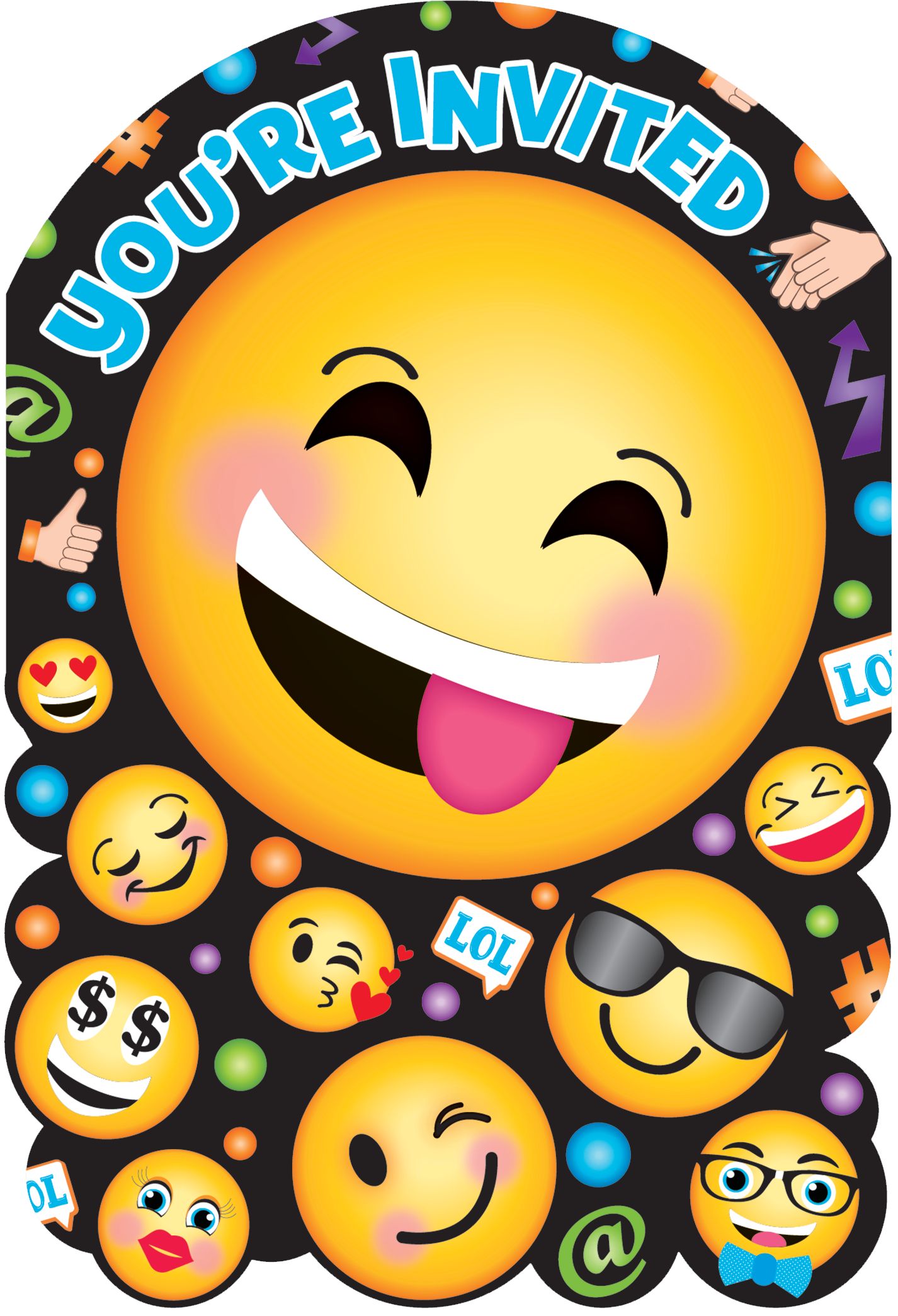 "You're Invited" Smilet Face Emoji Paper Party Invitations with Envelopes, Black/Yellow, 8-pk, for Birthday Party Front_Flat