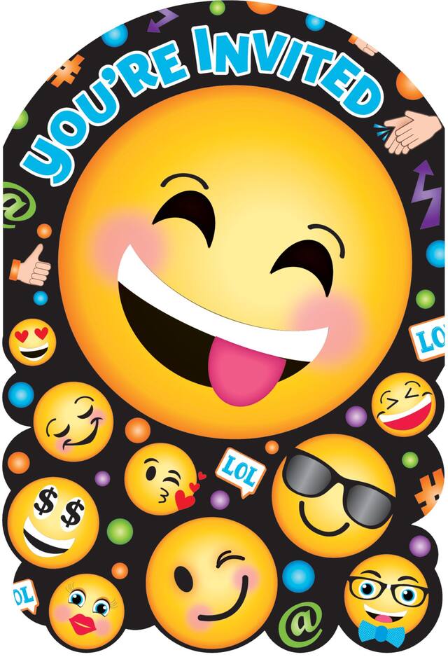 "You're Invited" Smilet Face Emoji Paper Party Invitations with Envelopes, Black/Yellow, 8-pk, for Birthday Party Front_Flat