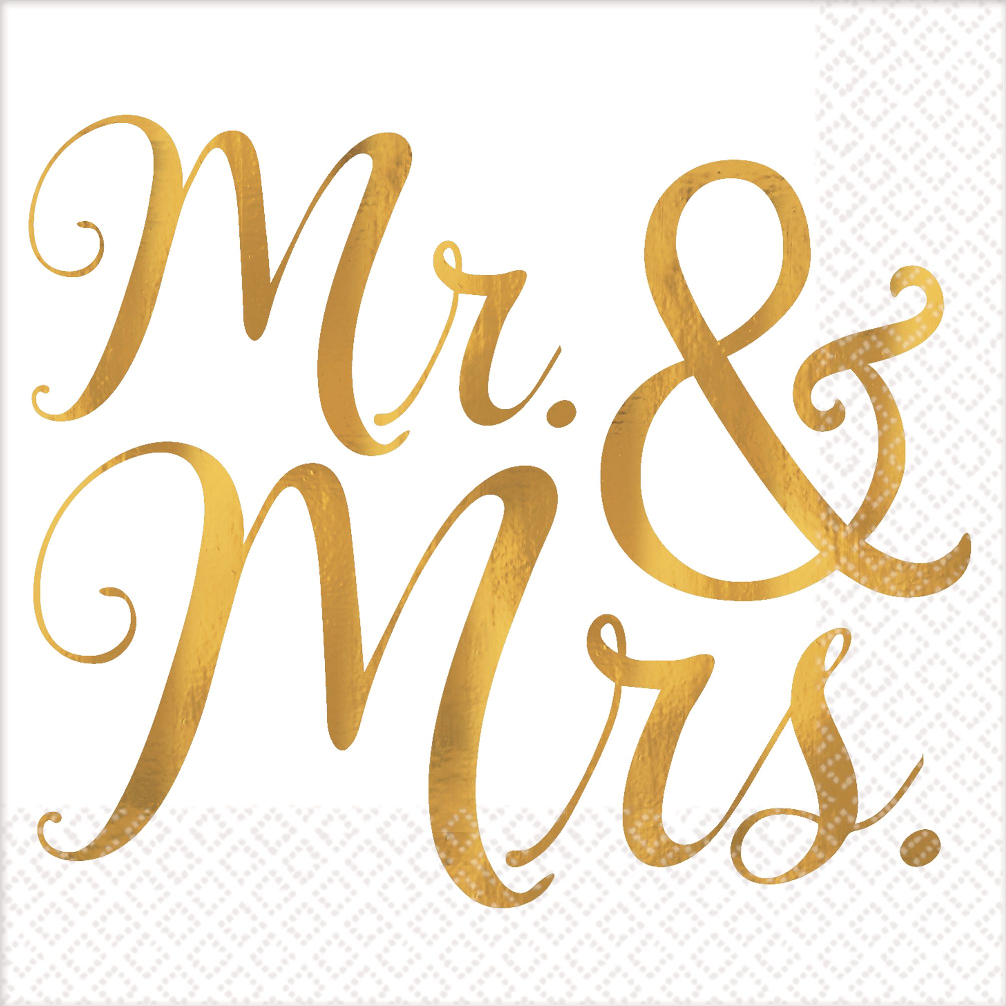 "Mr & Mrs" Square Paper Disposable Beverage Napkins, White/Gold, 5-in, 16-pk, 2-ply, for Bachelorette/Bridal Shower/Engagement/Wedding Overhead_Flat