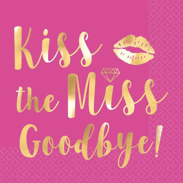 "Kiss the Miss Goodbye!" Square Paper Disposable Beverage Napkins, Pink/Gold, 5-in, 16-pk, 2-ply, for Engagement/Bachelorette/Bridal Shower Overhead_Flat