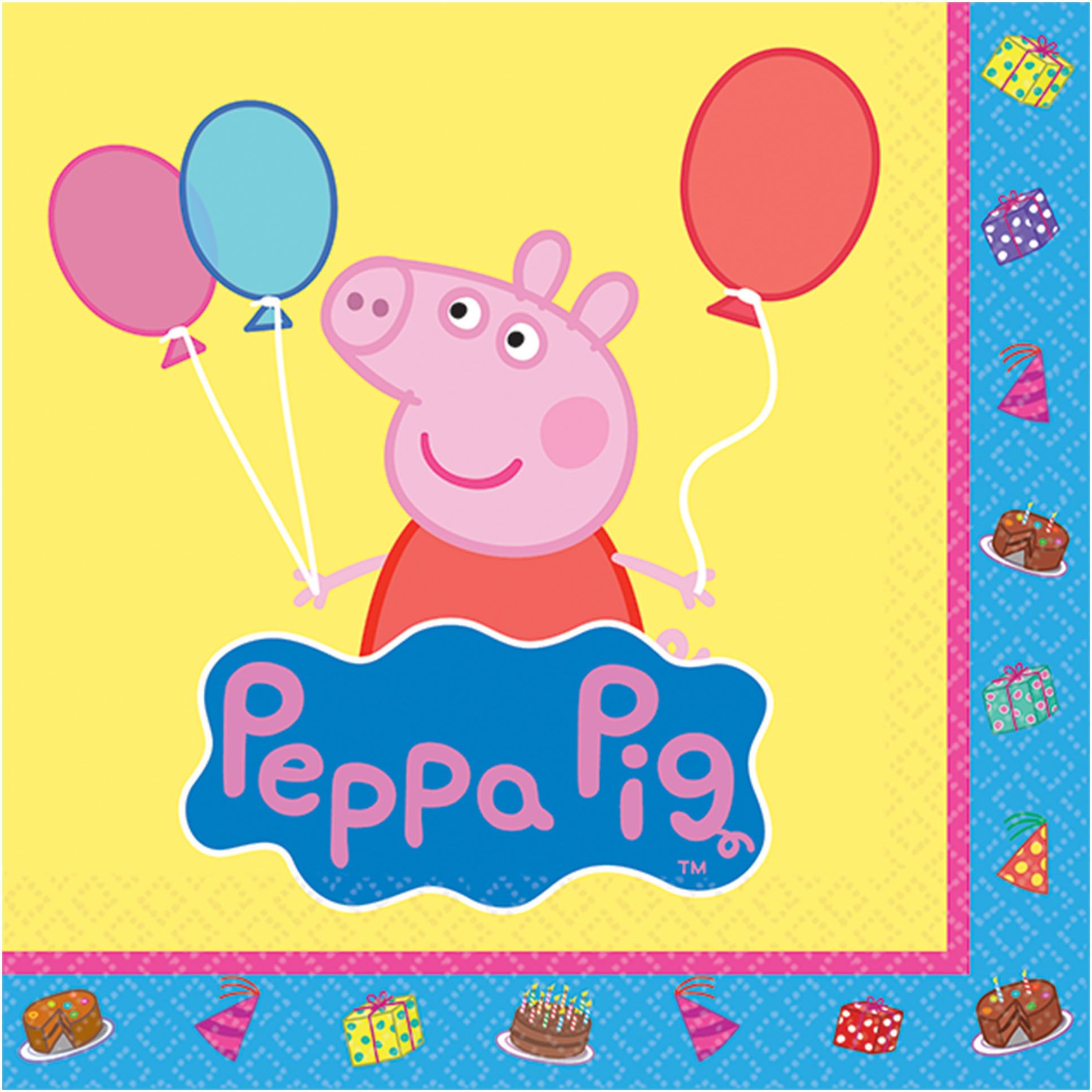Nickelodeon Peppa Pig Square Paper Disposable Beverage Napkins, Yellow/Blue, 5-in, 16-pk, 2-ply, for Birthday Party Overhead_Flat