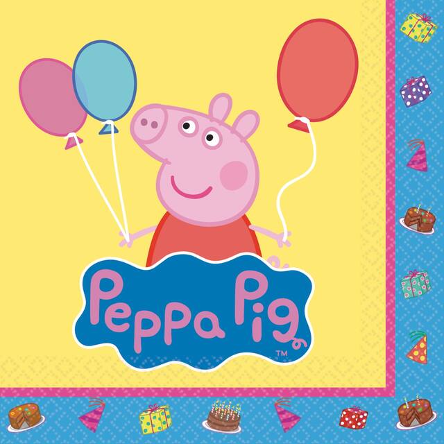 Nickelodeon Peppa Pig Square Paper Disposable Beverage Napkins, Yellow/Blue, 5-in, 16-pk, 2-ply, for Birthday Party Overhead_Flat