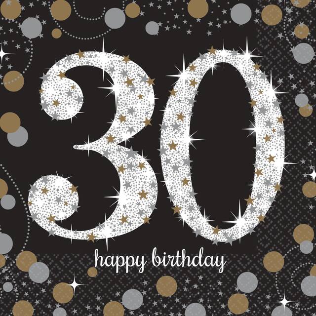 Sparkling Celebration "30 Happy Birthday" Square Paper Disposable Beverage Napkins, Black/Silver/Gold, 5-in, 16-pk, 2-ply, Milestone Birthday Overhead_Flat