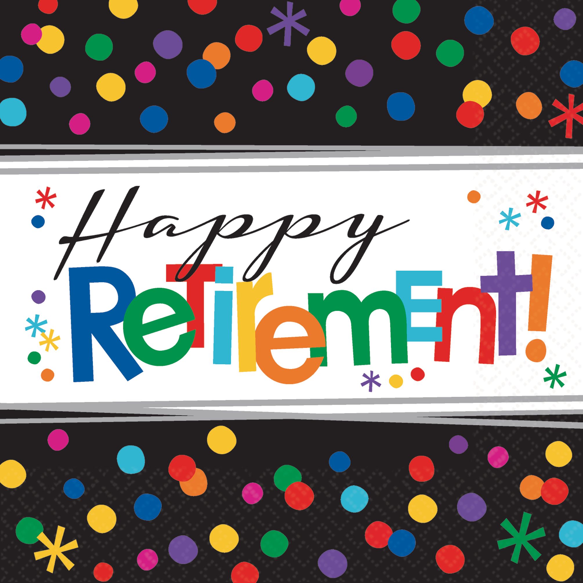 "Happy Retirement!" Square Paper Disposable Beverage Napkins, White/Multi-Coloured, Polka Dot, 5-in, 16-pk, 2-ply, for Retirement Party Overhead_Flat