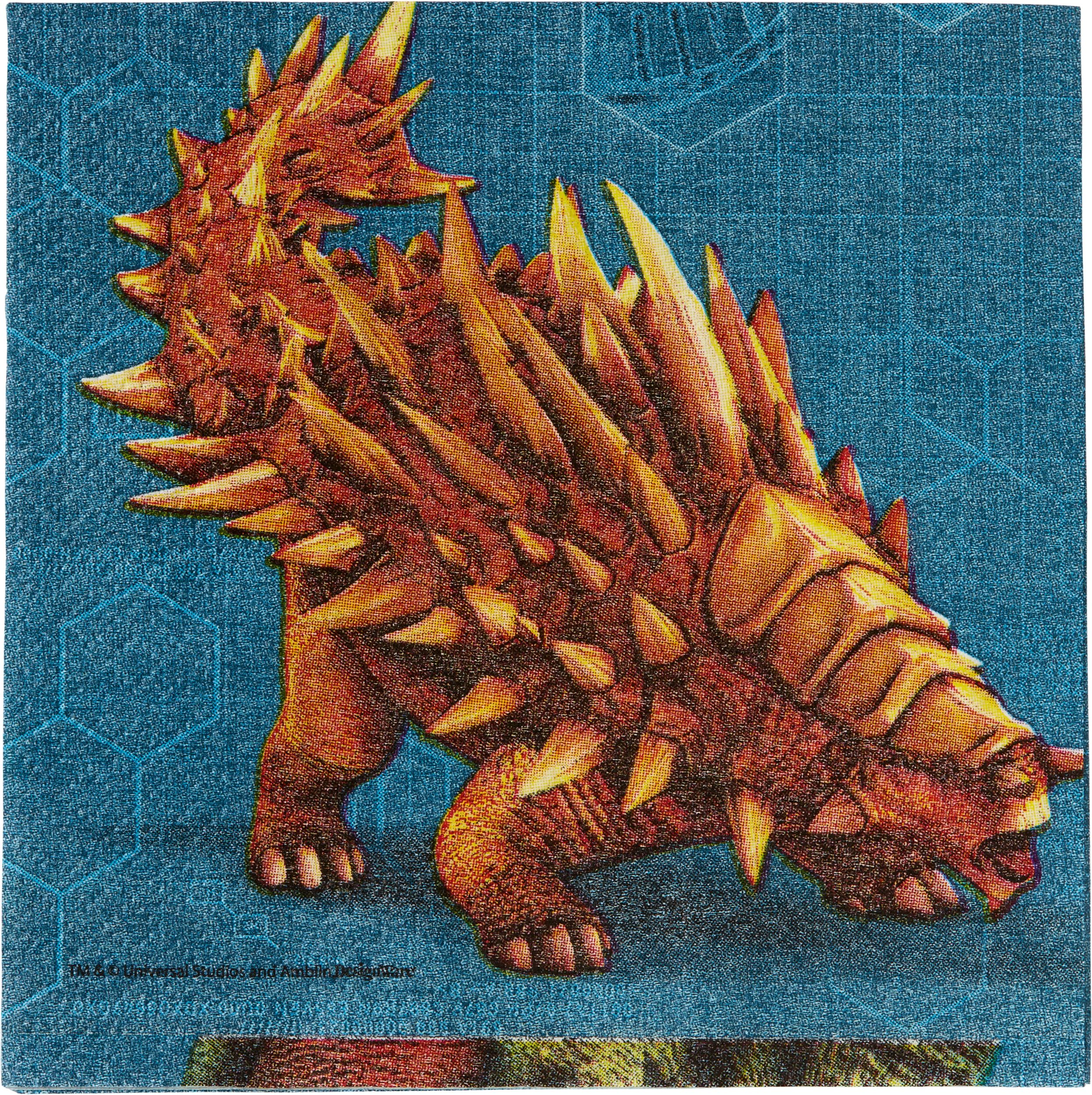 Jurassic World Dinosaur Square Paper Disposable Beverage Napkins, Blue/Orange, 5-in, 16-pk, 2-ply, for Birthday Party Overhead_Flat