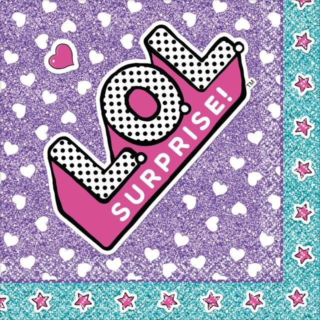 L.O.L. Surprise! Square Paper Disposable Beverage Napkins, Purple, 5-in, 16-pk, 2-ply, for Birthday Party Overhead_Flat