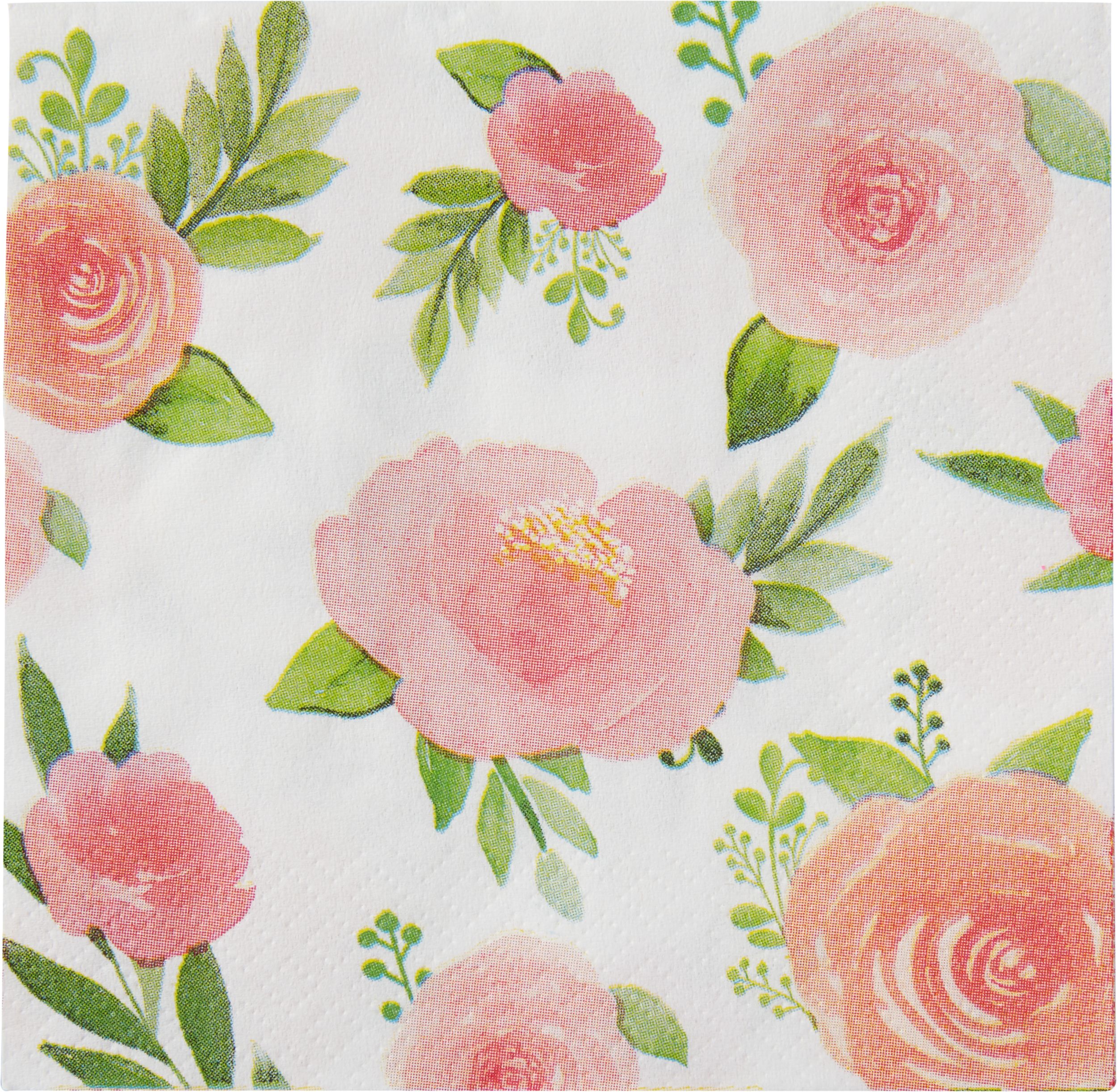 Floral Baby Square Paper Disposable Beverage Napkins, White/Pink/Green, Floral, 5-in, 16-pk, 2-ply, for Baby Shower Overhead_Flat