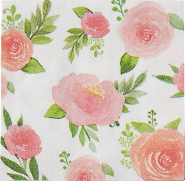 Floral Baby Square Paper Disposable Beverage Napkins, White/Pink/Green, Floral, 5-in, 16-pk, 2-ply, for Baby Shower Overhead_Flat