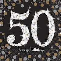 Sparkling Celebration "50 Happy Birthday" Square Paper Disposable Lunch Napkins, Black/Silver/Gold, 6.5-in, 16-pk, 2-ply, for Milestone Birthday Overhead_Flat