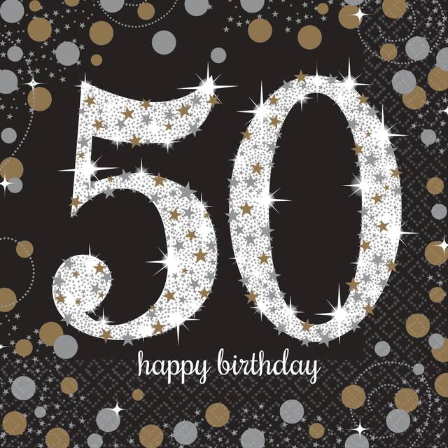 Sparkling Celebration "50 Happy Birthday" Square Paper Disposable Lunch Napkins, Black/Silver/Gold, 6.5-in, 16-pk, 2-ply, for Milestone Birthday Overhead_Flat