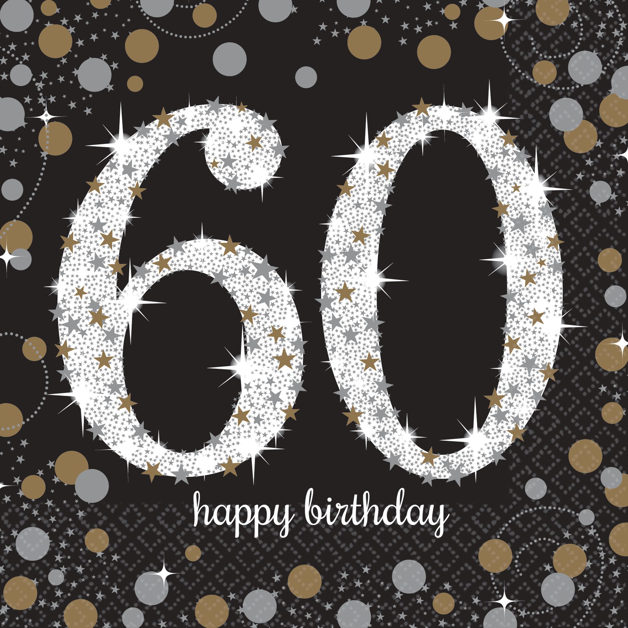 Sparkling Celebration "60 Happy Birthday" Square Paper Disposable Lunch Napkins, Black/Silver/Gold, 6.5-in, 16-pk, 2-ply, for Milestone Birthday