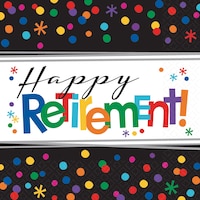 "Happy Retirement!" Square Paper Disposable Lunch Napkins, Black/Multi-Coloured, Polka Dot, 6.5-in, 16-pk, 2-ply, for Retirement Party Overhead_Flat