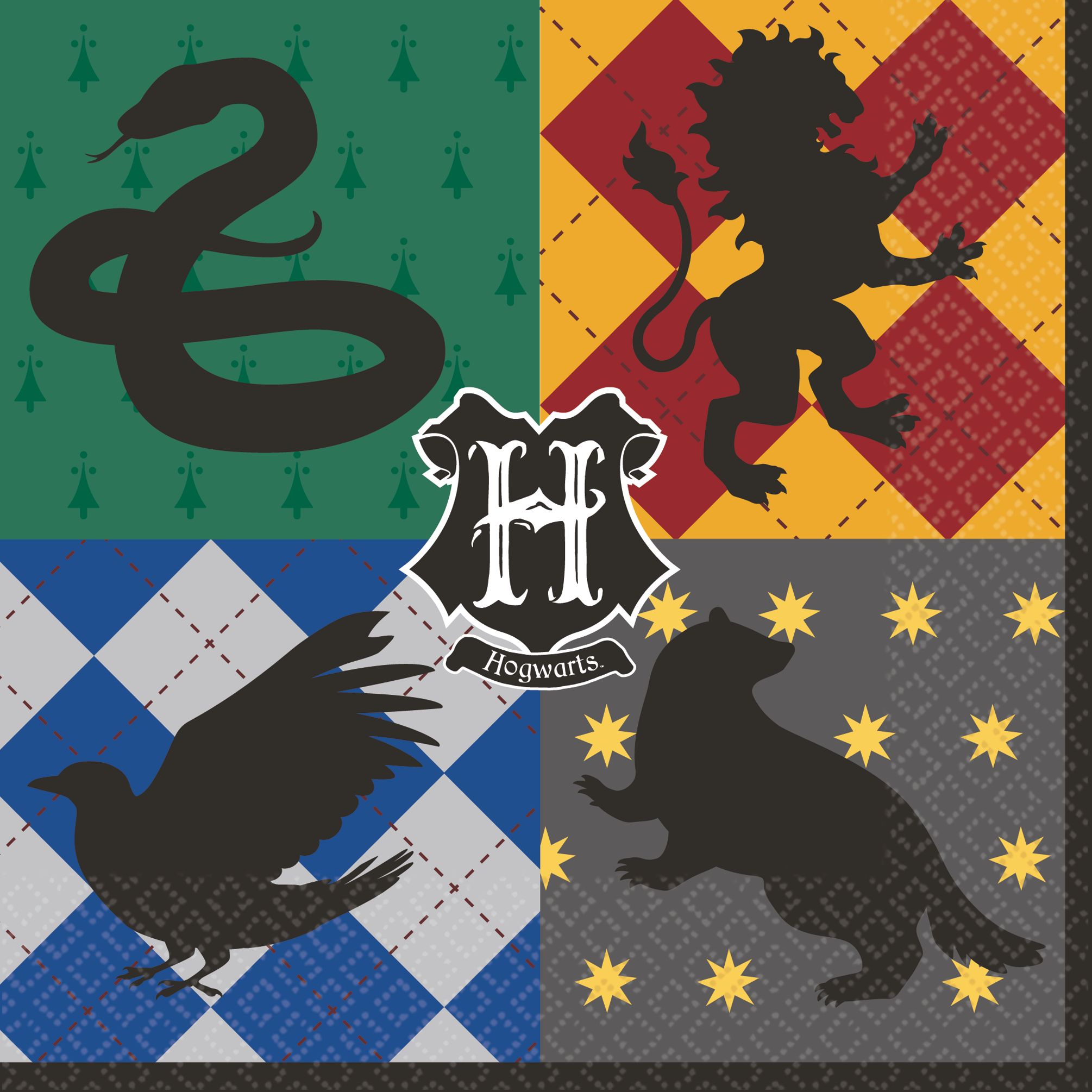 Serviettes de table carrées jetables en papier Harry Potter, marron/gris/noir/bleu, 6,5 po, paq. 16, 2 épaisseurs, pour fête d'anniversaire Overhead_Flat